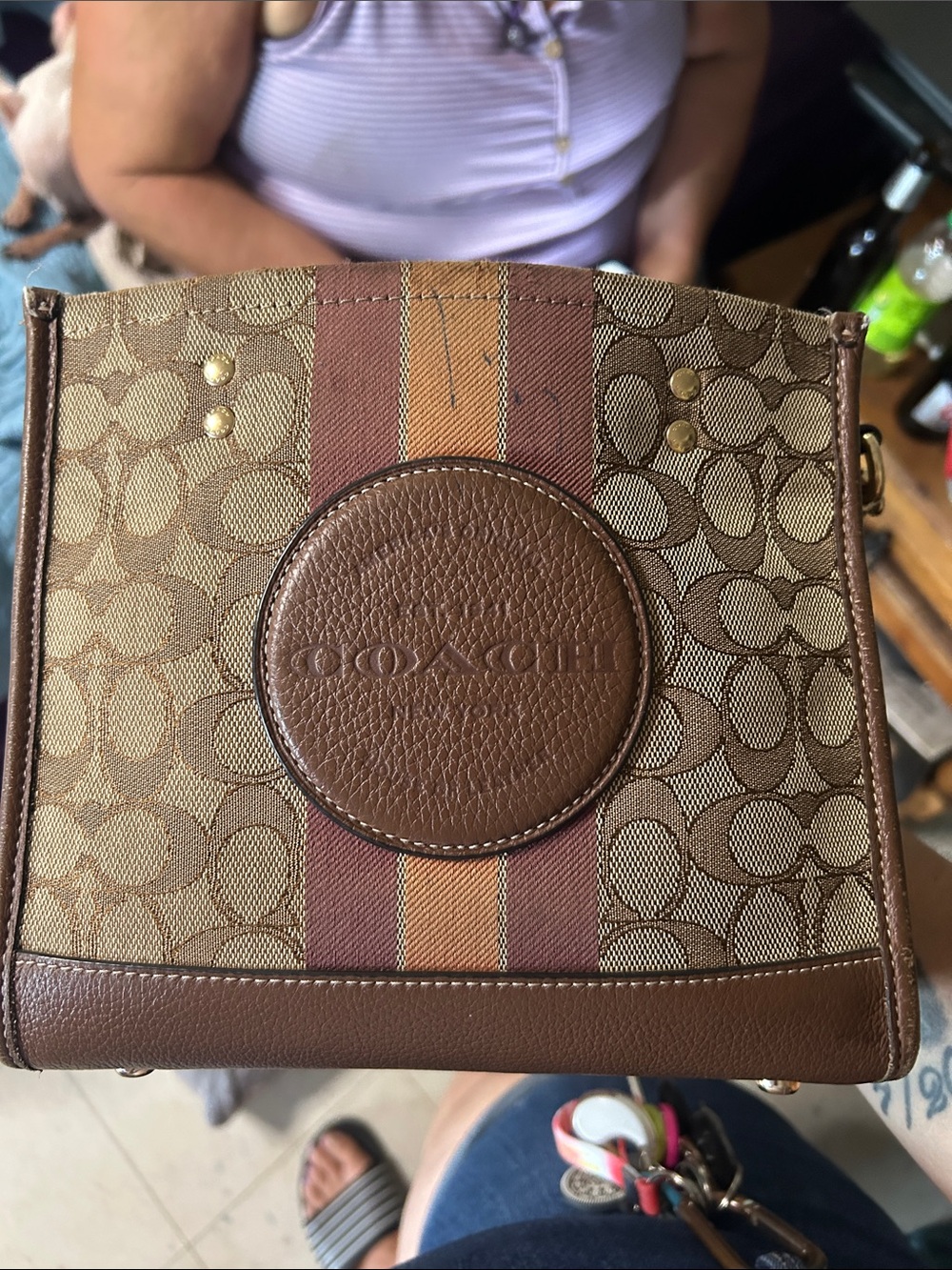 Coach Brown Signature Canvas Crossbody with Striped Accent